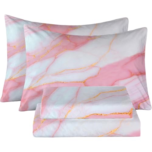 Pink Marble Sheets Set: Twin Size Aesthetic Marbling Bedding for Kids Girls Teens Bedroom Bed - 1 Flat Sheet, 1 Fitted Sheet, 1 Pillowcase