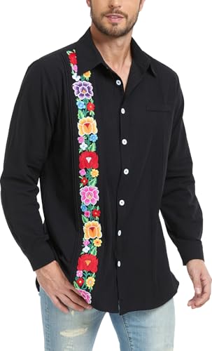 YZXDORWJ Men's Mexican Shirts Cuban Guayabera Shirt Casual Long Sleeve Embroidered Linen Summer Beach Shirts2