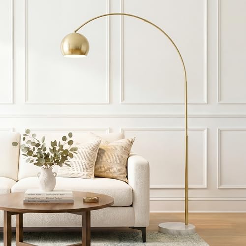 Brightech Olivia Floor Lamp - Chic Arc Lamp with Rounded Spolight Head and Marble Base for Living Room, Tall Standing Lamp with LED Light Bulb for Bedroom Reading, Boho Home Decor for Office - Brass