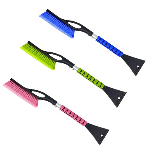 Image of Autovir 27 inch Snow Brush and Ice Scrapers for Car Windshield (3 Pack), Window | Snow Scraper with Ergonomic Foam Grip, Snow Removal for Car, Must Have Winter Car Accessories (Green, Blue & Pink)