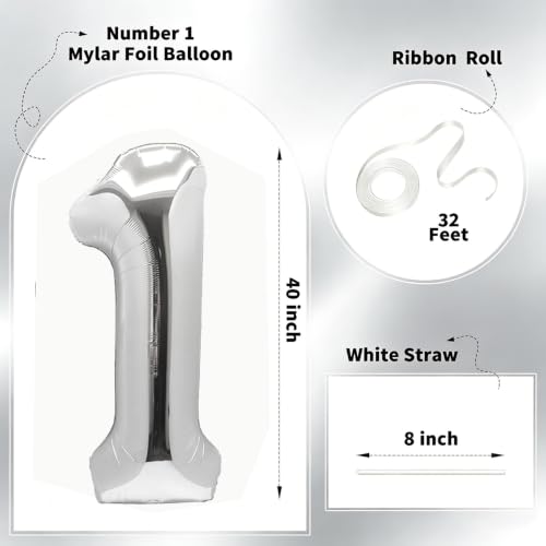 Image of Number Balloons Silver Party Balloon - Giant Number 1 Balloon, 40 Inch Large Balloon for Birthday Decorations, Silver Party Supplies for Anniversary