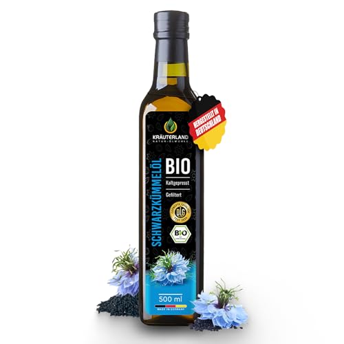 Kräuterland Bio Schwarzkümmelöl 500ml, gefiltert, ohne Zusatz von Aroma-, Farb- und Konservierungsstoffen, hoher Thymochinon, kaltgepresst, mühlenfrisch direkt aus unsrer hessischen Ölmühle