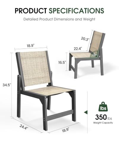 Image of Patio Stackable Chair, HDPE Armless Outdoor Dining Chairs with Wide Seat, All-Weather Textilene Oversized Porch Chair for Garden, Poolside, Backyard, Deck | Grey