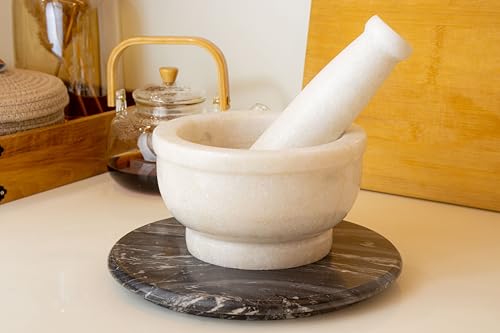 Image of B R & SONS Marble Mortar Pestle 7 Inch White - Imam Dasta Khalbatta Okhli Kharal Large Kitchen Spice Grinder Set