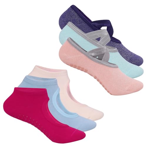 Image of Mint & Oak Pilates Socks with Grips for Women, Ankle Length Non-Slip Yoga Socks, Cotton Ideal For Yoga, Pilates, Gym, Workout, Cute Women's Gift - Pack of 6