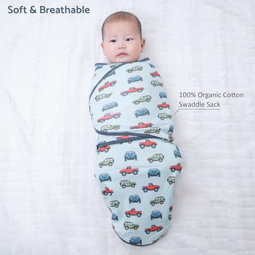 Image of LollyBanks Swaddle Sack 0-3 Months, 100% Organic Cotton Baby Swaddle with Easy Change Zipper, Soft and Breathable Newborn Sleep Sack for Boys, Gentle Baby Wrap, Newborn Essentials (Vehicle Print)
