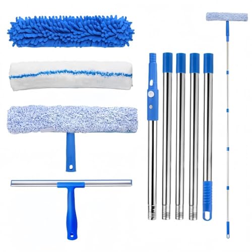 2m Window Squeegee Cleaner Kit, Windows Glass Cleaning Tool, Adjustable Long Handle Window Cleaning Equipment, Window Washing Squeegee and Scrubber Cleaning Equipment, for High Windows,Ceilings,Blue