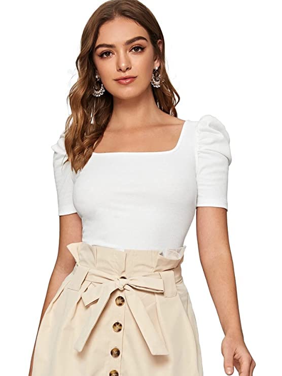 dream beauty fashion Women's Puff Sleeve Top Square Neck Balloon Bishop Sleeve Elegant Casual Tee Top (RRR_M1)-picture-10