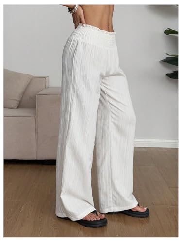 Women's Smocked Wide Leg Lounge Pants Ruffle Trim High Waisted Baggy Palazzo Pants Trousers2
