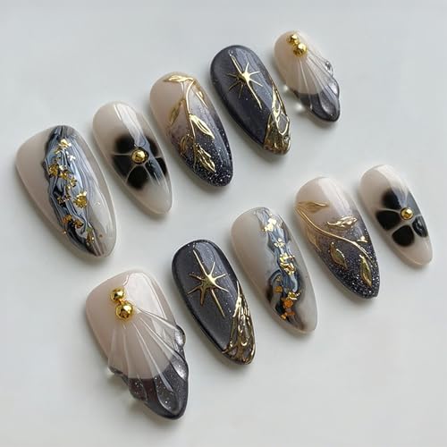 30Pcs Fall Press on Nails Medium Almond Black French Tip Fake Nails...