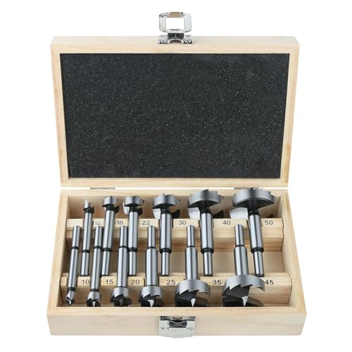 Vearter Juego de 12 brocas Forstner, 10-50 mm, para madera de acero con alto contenido de carbono con vástago redondo, fresa perforadora de madera para madera maciza, MDF, plástico, aglomerado, madera