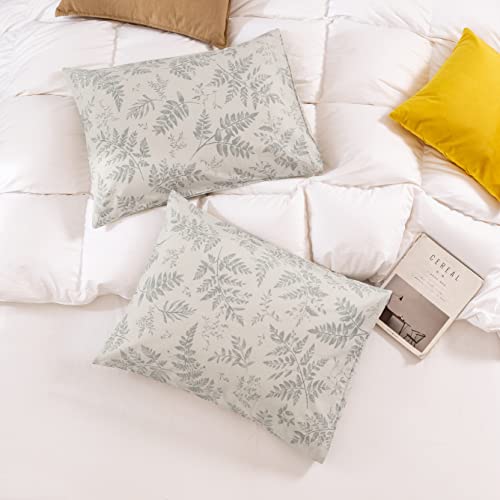 Image of ECOCOTT 2 Pack Pillowcase Queen Size with Green Botanical Plant Leaves Pattern Pillow Cases Set, 100% Cotton Queen Pillow Covers Envelope Closure (Queen, 20 inchx30 inch)