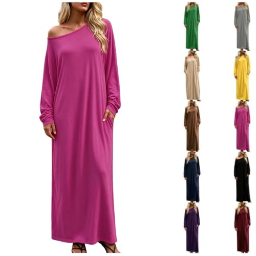 XINGJIAARTS Womens Long Sleeve Dress Off Shoulder Flowy Oversized Maxi Dress Fall Beach Lounge Tee Shirt Dresses Nightdress Hot Pink X-Large - image 1