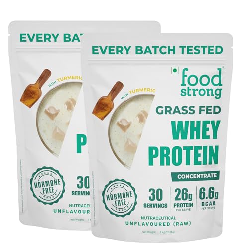 Image of Foodstrong Whey Protein Powder (Concentrate + Isolate), 100% Hormone Free Grass-Fed Whey, 26G Protein & 6.6G BCAA, Unflavoured (Raw), With Turmeric & Digestive Enzymes, 1KG (Pack of 2)