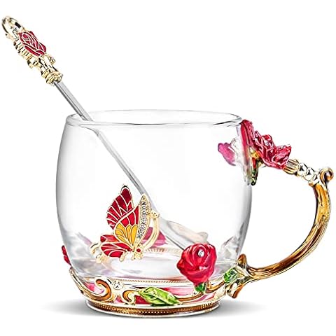 OEAGO Gifts for Mom Women Mothers Day Glass Coffee Enamels Mug Best Birthday Gifts for Her from Daughter Son Valentines Day Christmas Red Tea Cup with Spoon Set Cover
