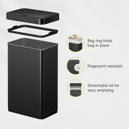 Image of EKO EcoNova 13.2 Gallon / 50L Automatic Sensor Kitchen Trash Can or Recycling Bin, Stainless Steel Touchless Garbage Bin with Soft-Close & Stay-Open Lid, Fingerprint-Resistant, Matte Black