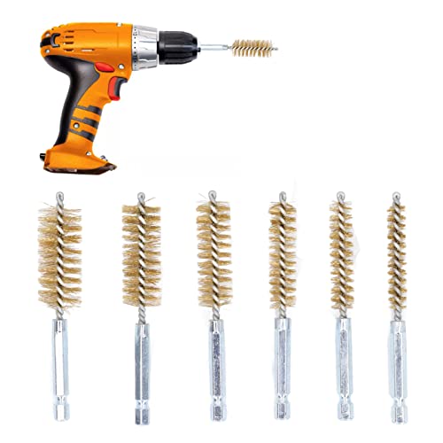 Image of Walfront 6PCS Nylon Bore Brush Cleaning Brush Set 1 /4 inch Hex Shank for Drill Twisted Wire Cup Brush for Cleaning Holes Tubes Non-Scratch Cleaning for Automotive Welding (Yellow Copper)