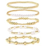 14K Gold Pearl Beaded Bracelet Stack for Women,Dainty Bohemian Stretch Gold Plated Ball Beads Non Tarnish Stackable Bracelets Fashion Holiday Party Jewelry Gift Friendship