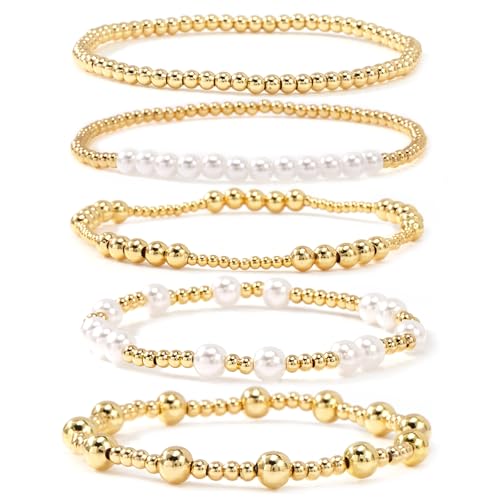 14K Gold Pearl Beaded Bracelet Stack for Women,Dainty Bohemian Stretch Gold Plated Ball Beads Non Tarnish Stackable Bracelets Fashion Holiday Party Jewelry Gift Friendship