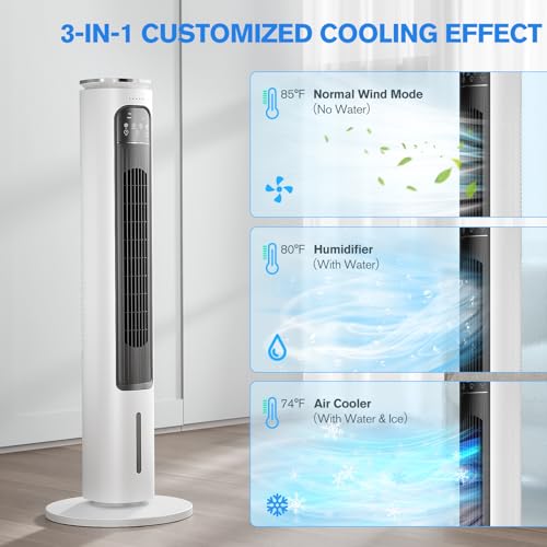 3-IN-1 Portable Air Conditioners Tower Fan, 37'' Evaporative Air Cooler w/Remote, 2.5L Water Tank With 4 Ice Packs, 12H Smart Timer & 70° Oscillating, 3Speeds For Bedroom Living Room Office by FLOWBREEZE - Used condition - Image 3