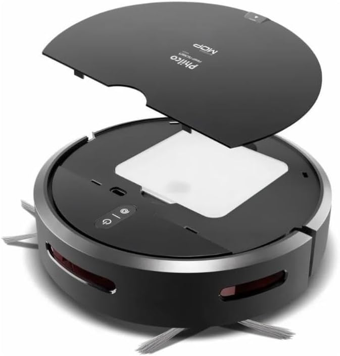 Aspirador robô Philco com tampa superior aberta mostrando o compartimento interno