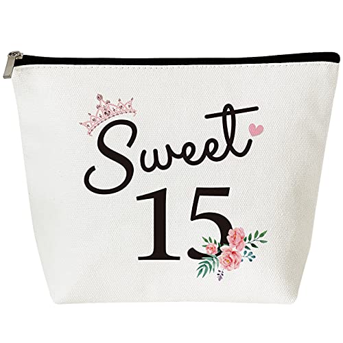 15 Year Old Girl Gifts: Sweet 15 Makeup Bag - Pink Floral Cosmetic Bag for Travel, Youth Girls