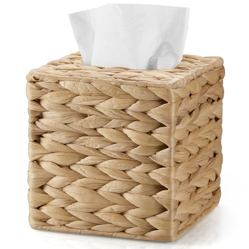 GCWSTJK Tissue Box Cover Square Water Hyacinth Hand-Woven Tissues Cube Box Holder Woven Facial Tissue Holder for Bathroom Counter Vanity Bedroom Office Natural Boho Decorative