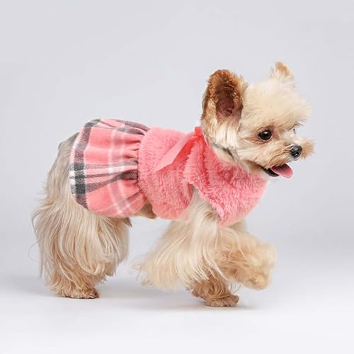 Image of Dog Sweater Dog Winter Clothes for Small Dogs Boy Girl Fall Puppy Dress Warm Fleece Chihuahua Yorkie Teacup Doggy Sweaters Dresses Doggie Sweater for Small Dogs Girl Cat Sweaters, Plaid Pink, S