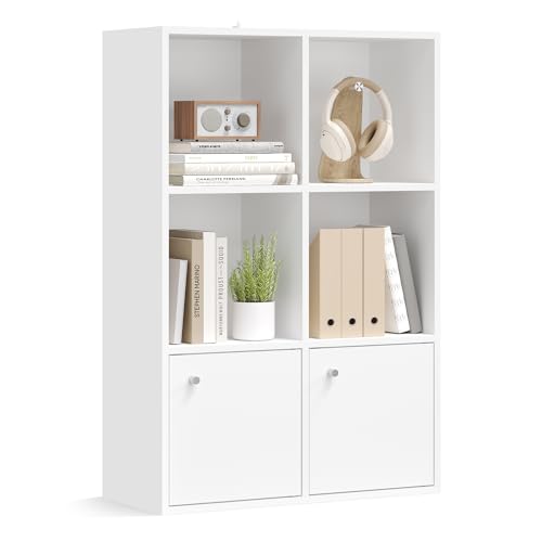 VASAGLE Bibliothèque, Étagère sur 3 Niveaux, Meuble de Rangement, avec 2 Placards en Bas, 29 x 65,8 x 97,8 cm, pour Salon, Bureau, Salle à Manger, Blanc...