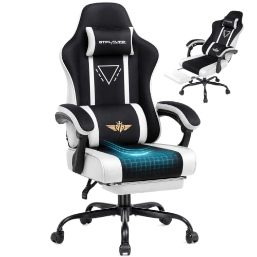 Image of GTPLAYER Video Gaming Chair Fabric, Ergonomic Computer Chair with Footrest and Pocket Spring Cushion, Height Adjustable Video Gamer Chair with Lumbar Support for Adults, White
