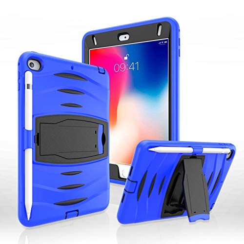 Herize iPad Mini 5th/4th Generation Case, iPad Mini 4 Case for Kids, Hybrid Three Layer Armor Shockproof Rugged Drop Protection Cover Case with Pencil Holder for iPad 7.9 inches A1538 A1550 Blue