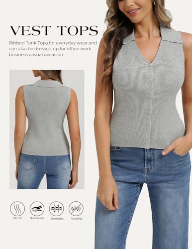 Image of Belle Poque Women's Button Down Tank Tops Summer Ribbed Vest Top Sleeveless V Neck Collared Vest Shirt Slim Fit Going Out Top