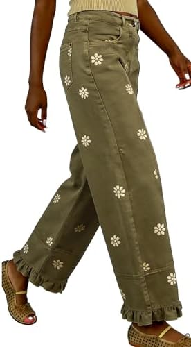 utcoco Barrel Jeans Women 2026 Floral Print Wide Leg Jeans Y2k Patchwork Baggy Boyfriend Denim Pants (Medium, Army Green Floral) - 2
