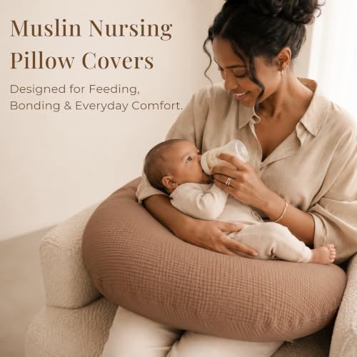 Image of Konssy 2-Pack Muslin Nursing Pillow Covers, Cream Soft Slipcover for Baby | Covers Only, 100% Cotton, Hidden Zipper, Washable, Breastfeeding Pillows Covers for Newborn Boys & Girls, (Brown,cream)