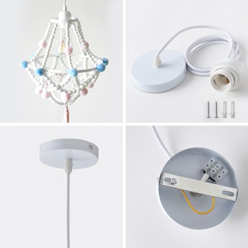 JIAHUA White Pendant Light,Ceiling Light,Twist Wood Chain,White Wood Chandelier with Hanging Coloured Pom Pom and Detailed Tassel-JH62303WH - Image 4