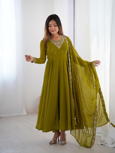 Image of FUSIONIC Premium Mehndi Green Anarkali Set with Heavy Embroidery, Dupatta & Full Stitch Finish
