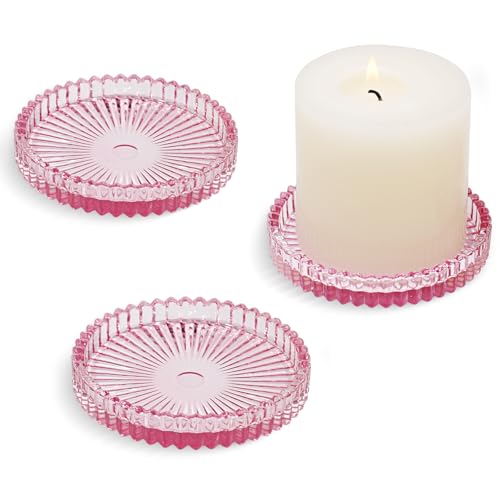 HofferRuffer Lot de 3 assiettes en verre de 10 cm, bougeoirs ronds pour bougies piliers, bougeoirs, rose