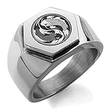 Black IP Plated Stainless Steel Koi Fish Yin Yang Hexagon Crest Flat Top Biker Style Polished Ring,...