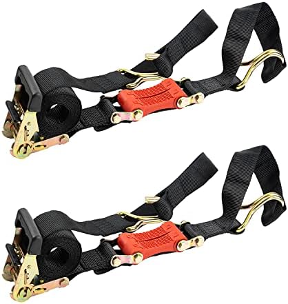 9' x 2" SHOCKSTRAP (2 pk), Ratchet Tie-Down Strap with Built-in Shock Absorbing Bungees, 2" Wide Black Polyester, Over-sized Double Wire Hooks, 6000lb Break Strength, Safety Strap, Axle Strap, SoftTie