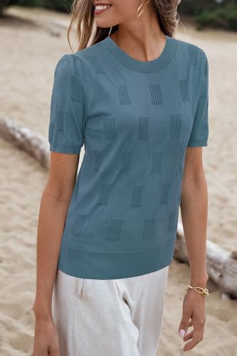 Image of Arach&Cloz Women's Short Sleeve Crew Neck Sweaters Trendy Teacher Work Tops | Lightweight&Breathable Fabric, Texture Knit Design, Relaxed Fit, Business Casual Outfits, Teacher Work Tops Fall 2026