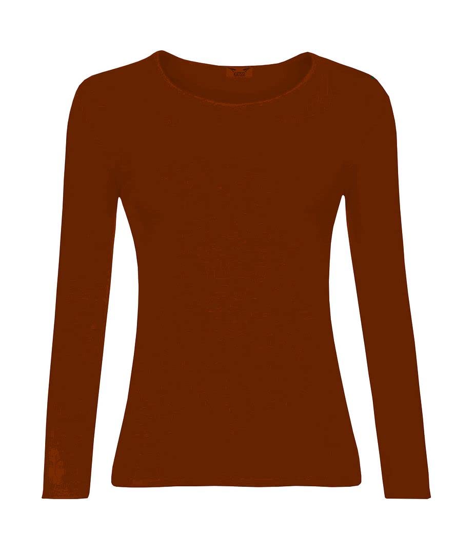 KATSSI Women’s Ladies Long Sleeve Stretch Plain Round Scoop Neck T Shirt Top SM Rust
