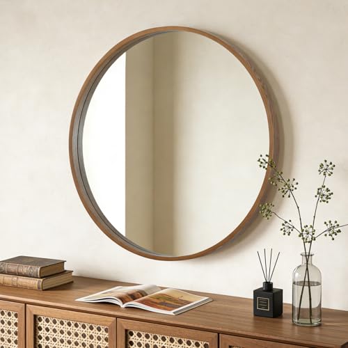 Image of WallBeyond Round Wood Mirror, 36 inch Round Modern Decoration Large Circle Wall Mirror for Bathroom Living Room Bedroom Entryway, Walnut