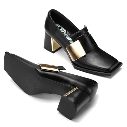 Image of Loafers for Women Patent Leather Buckle Square Toe Chunky Block Dress Slip On Wide Casual Comfortable Dressy High Heels Ladies Comfort Moccasins Elegantes 2 Inch Shoes