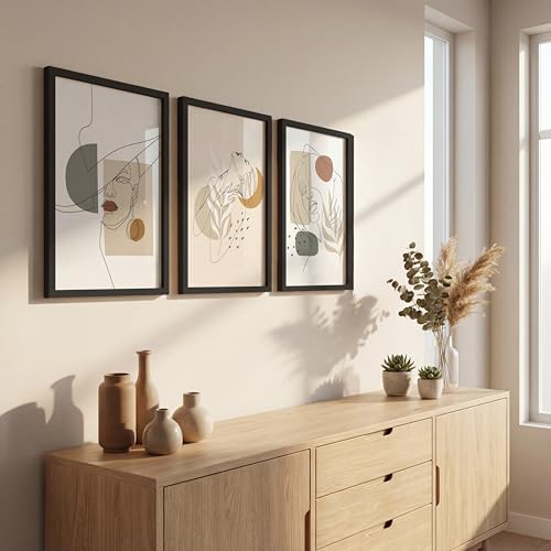 Image of NoWorries Minimalist line art wall Framed Painting Set of 3 | Abstract woman face Prints with Frame | Boho neutral wall decor modern gallery wall set | Scandinavian art prints feminine line drawing | Beige Aesthetic living room, bedroom and office decor contemporary wall art (Art-16, 10x13inch, Wooden)