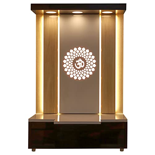 Royal Kurta Devyom Designer - templo de madeira personalizado com luz LED branca para casa e escritório, templo doméstico, puja mandir, para pendurar na parede e na mesa (16 x 10 x 8 polegadas alto