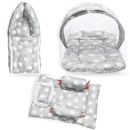 MOM & SON New Born Baby Bedding Set,Sleeping Bag, Baby Mosquito Net & Gadda Mattress Set for 0-6 Months (Pack of 3)
