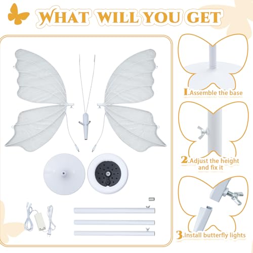 Image of White Sliver Sequin Butterfly Floor Lamp: Adjustable Height Lamp Led Butterfly Lights Decorations for Wedding Party Birthday(60cm /23.6inch)