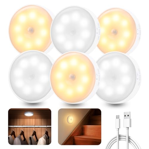 buvyuotu 6 Pièces Lampe Détecteur de Mouvement Interieur, Veilleuse LED Rechargeable Lumiere 3 Modes, Lampe Led Sans Fil éclairage pour d'escalier, Couloir,...