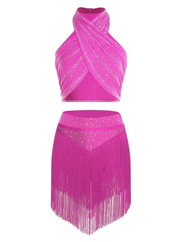 Costume salsa et tango rose vif ensemble jupe danse latine