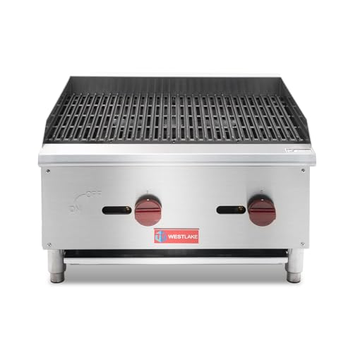 WESTLAKE 24"W Commercial Charbroiler Gas Countertop 2 Burner Natural Gas and Propane 60,000 BTU Char Broiler Stainless Steel BBQ Stove Grill for Restaurants